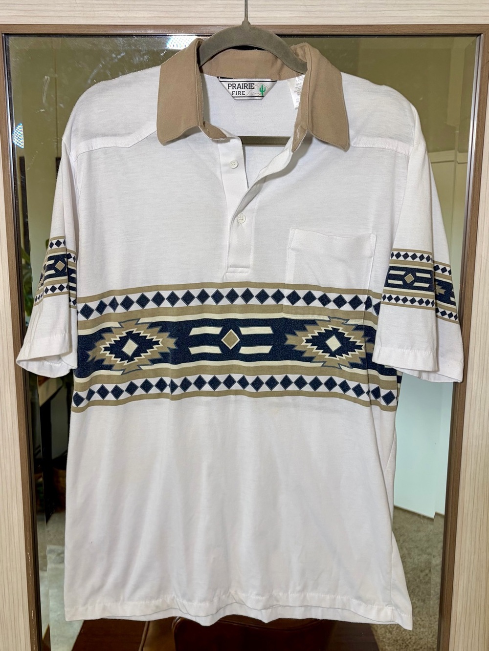 Prairie Fire Mens Polo Shirt Western Aztec Southwest print Large Cotton size L